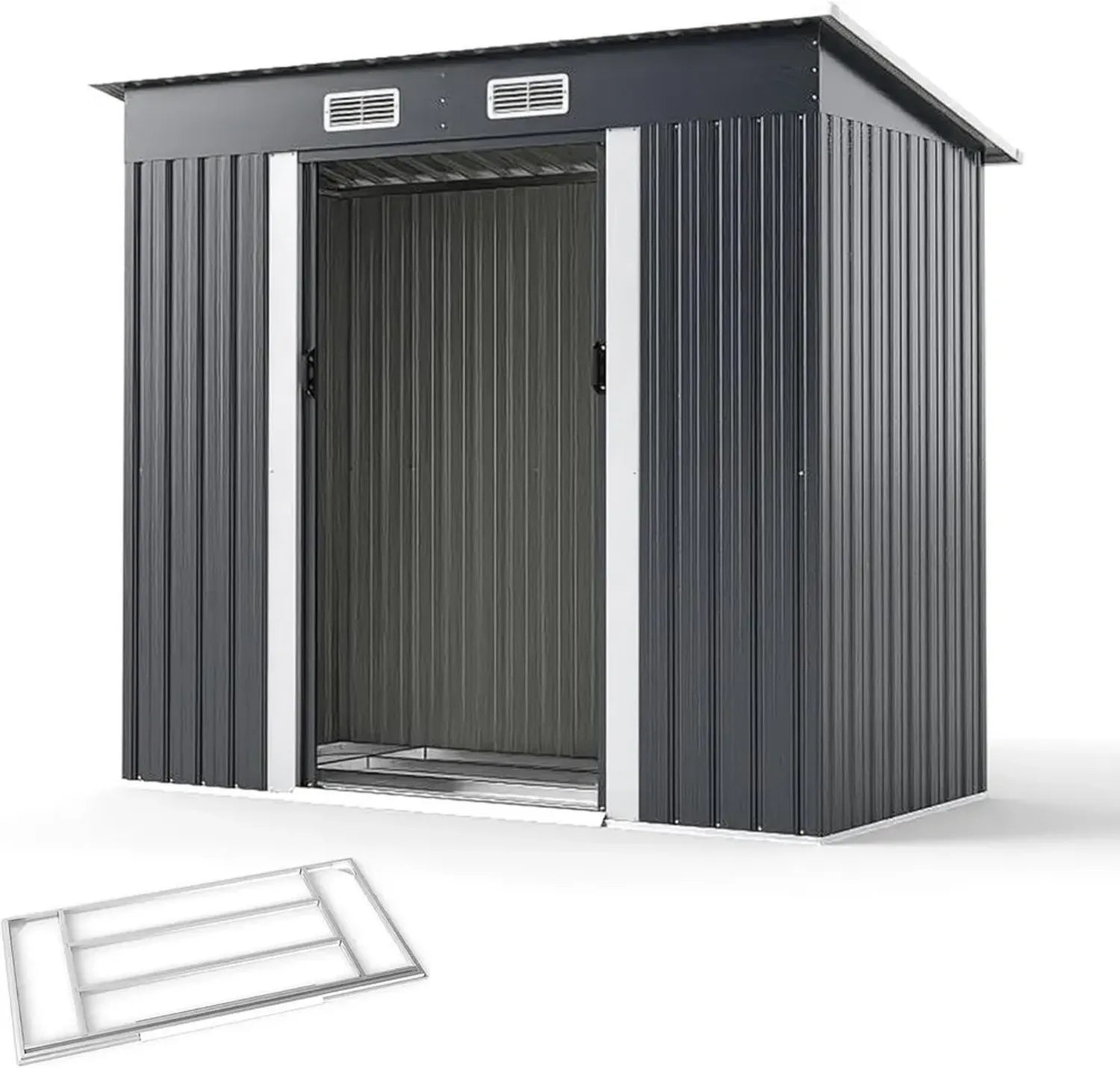 GOPLUS Metallgerätehaus 213x112x185 cm, Satteldach & Schiebetüren, inkl. Belüftung & Handschuhe, ideal für Garten & Terrasse, Grau