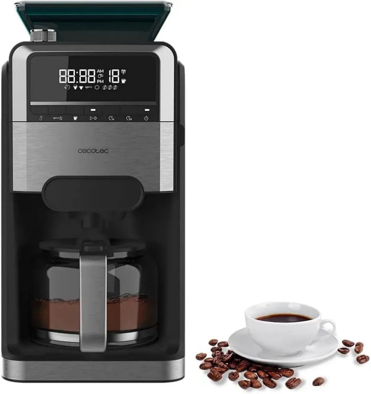 Cecotec Kaffeemaschine mit integriertem Mahlwerk, 1400 W, 1,5 l Kapazität, 12 Tassen, 230 g Bohnenbehälter, konische Mühle mit 7 Stufen, 24-Stunden-Timer, Edelstahl-Design