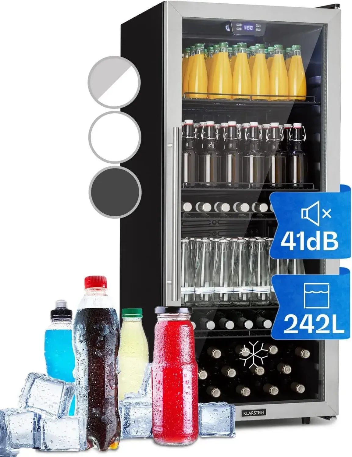 Klarstein Kühlschrank 242L mit Glastür und Einstellbaren Ablagen, Leiser Mini-Kühlschrank für Getränke, Geeignet für Innen- und Außenbereiche