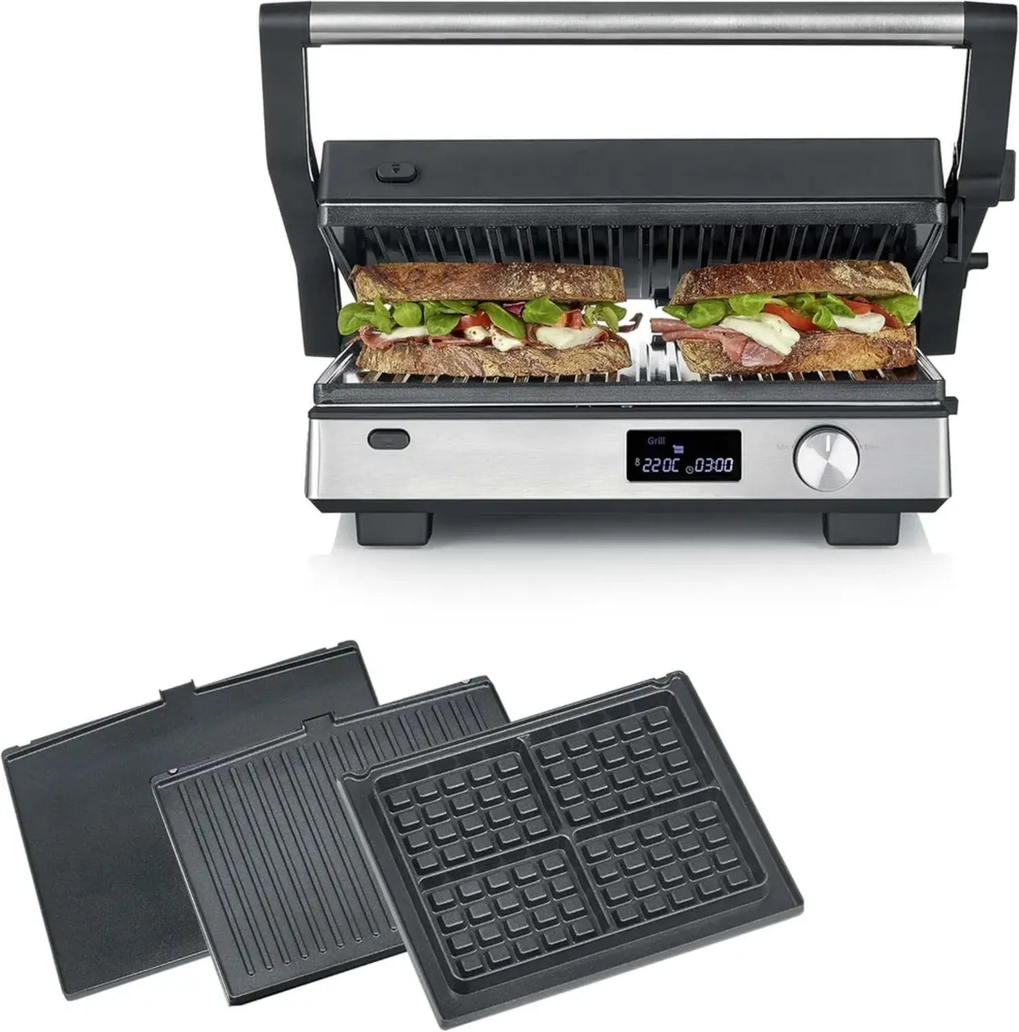 SEVERIN 3-in-1 Kontaktgrill mit Keramik, XL-Fläche, 2000W, spülmaschinenfest, schwarz/Edelstahl